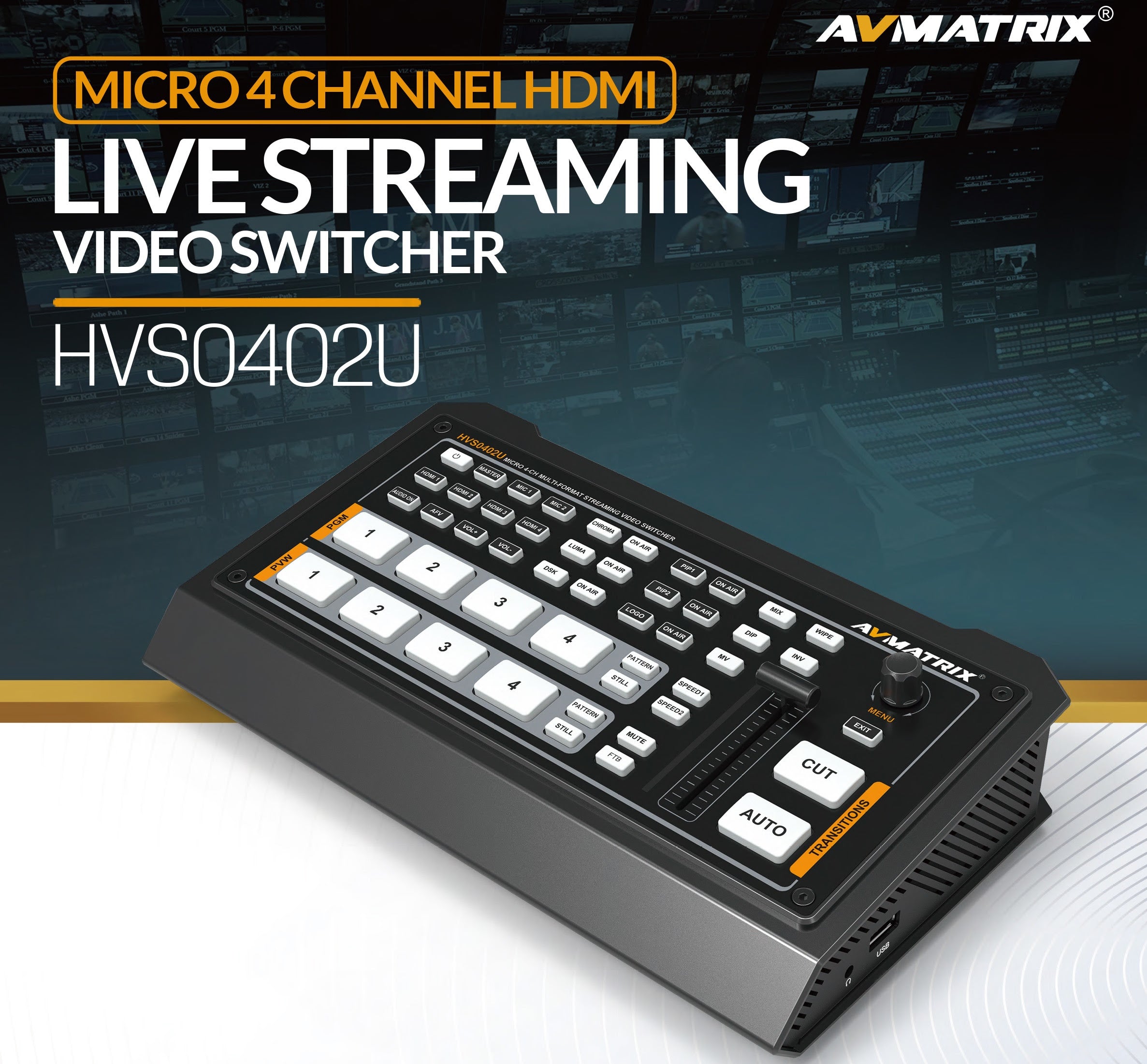 AVMatrix HVS0402U Micro 4 Channel HDMI Live Streaming Video Switcher with USB Capture