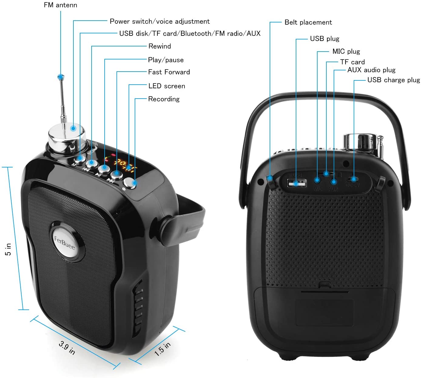 APEX Wireless Headset Microphone Bluetooth Portable Amplifier FM Radio with Rechargeable Wireless Headset Mic