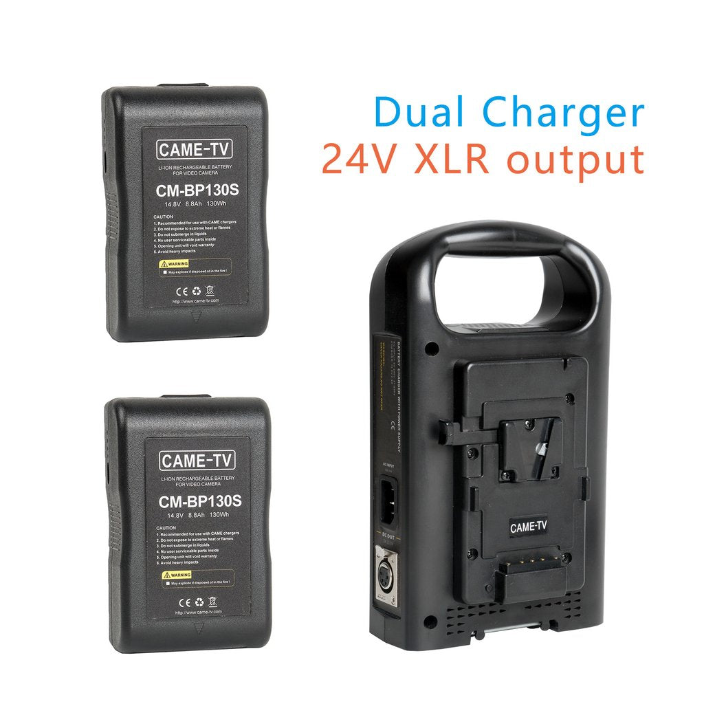 CAME-TV V-Mount Battery Charger 24V XLR Output With Two 130 Watt Compact Batteries