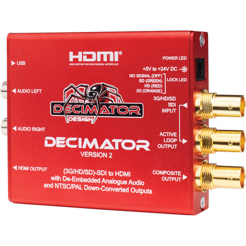 Decimator Design DECIMATOR 2 Miniature (3G/HD/SD)-SDI to both HDMI and NTSC/PAL with simultaneous scaling on both outputs and De-embedded Analogue Audio