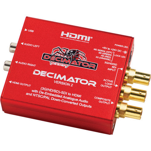 Decimator Design DECIMATOR 2 Miniature (3G/HD/SD)-SDI to both HDMI and NTSC/PAL with simultaneous scaling on both outputs and De-embedded Analogue Audio