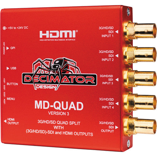 Decimator Design MD-QUAD V3 1 to 4 Channel Multi-Viewer / Quad-Split with SDI and HDMI outputs for 3G/HD/SD and Custom Layouts