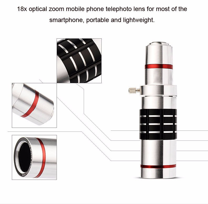 APEX 18x Optical Zoom Universal Clip-On Aluminum Telephoto Lens with Focus Ring for Smartphone Mobile Phone