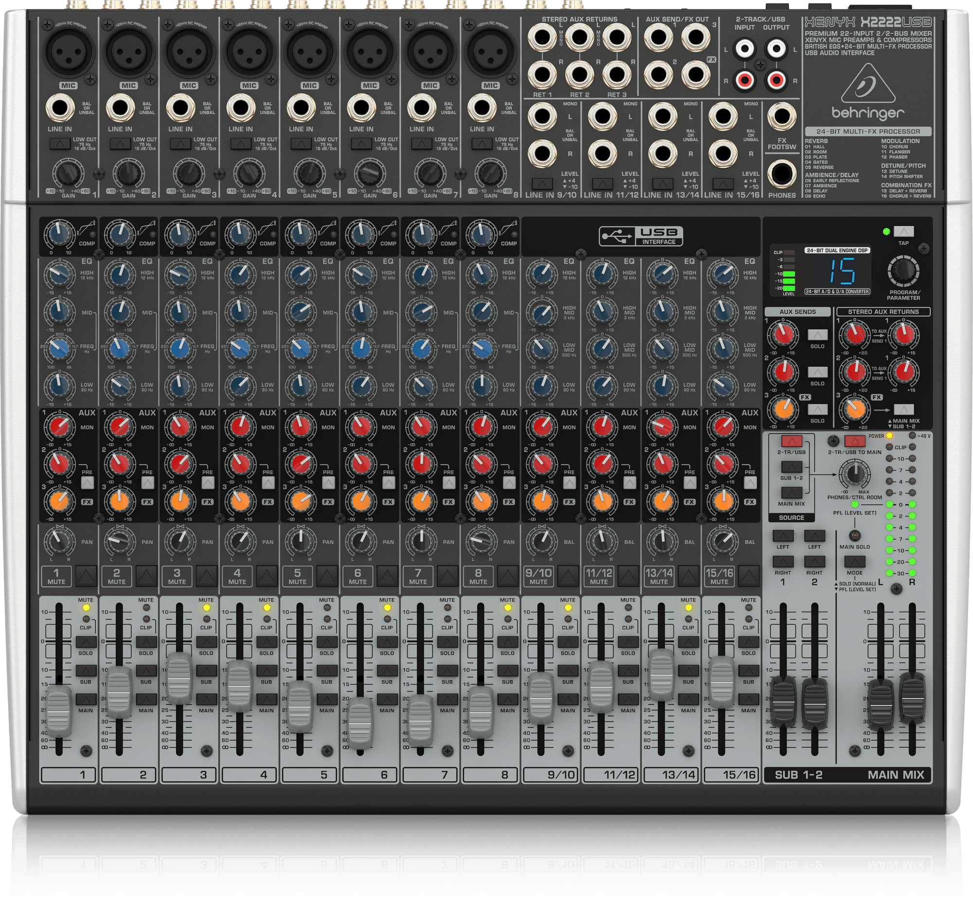 Behringer X2222USB Premium 22-Input 2/2-Bus Mixer with XENYX Mic Preamps and Compressors, British EQ, 24-Bit Multi-FX Processor and USB/Audio Interface