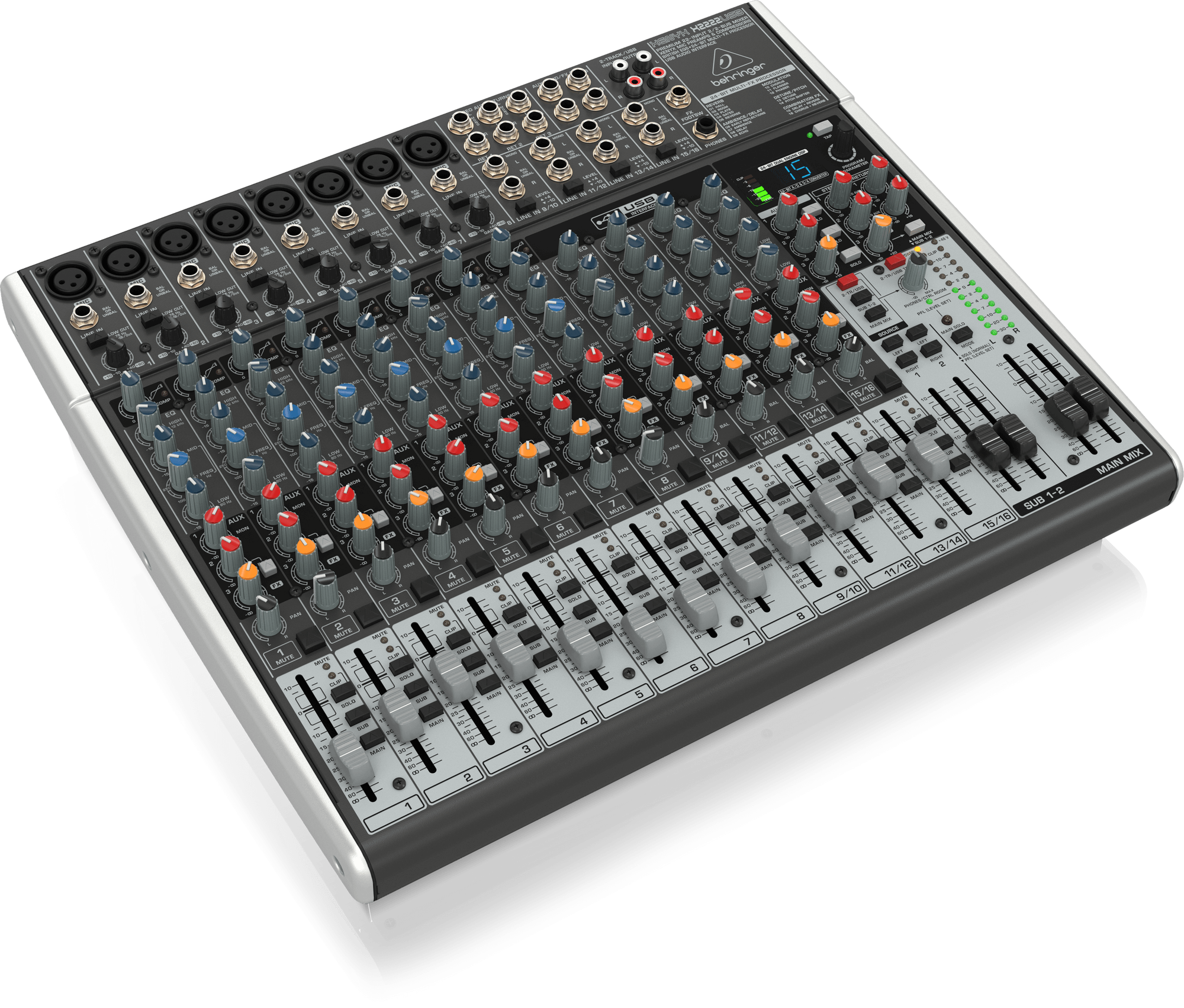 Behringer X2222USB Premium 22-Input 2/2-Bus Mixer with XENYX Mic Preamps and Compressors, British EQ, 24-Bit Multi-FX Processor and USB/Audio Interface