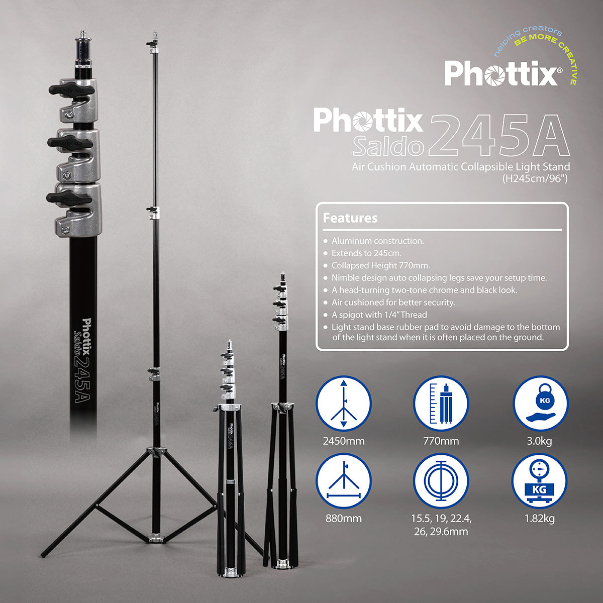 Phottix SALDO 245A AIR CUSHION AUTOMATIC COLLAPSIBLE LIGHT STAND (H245CM/96″)