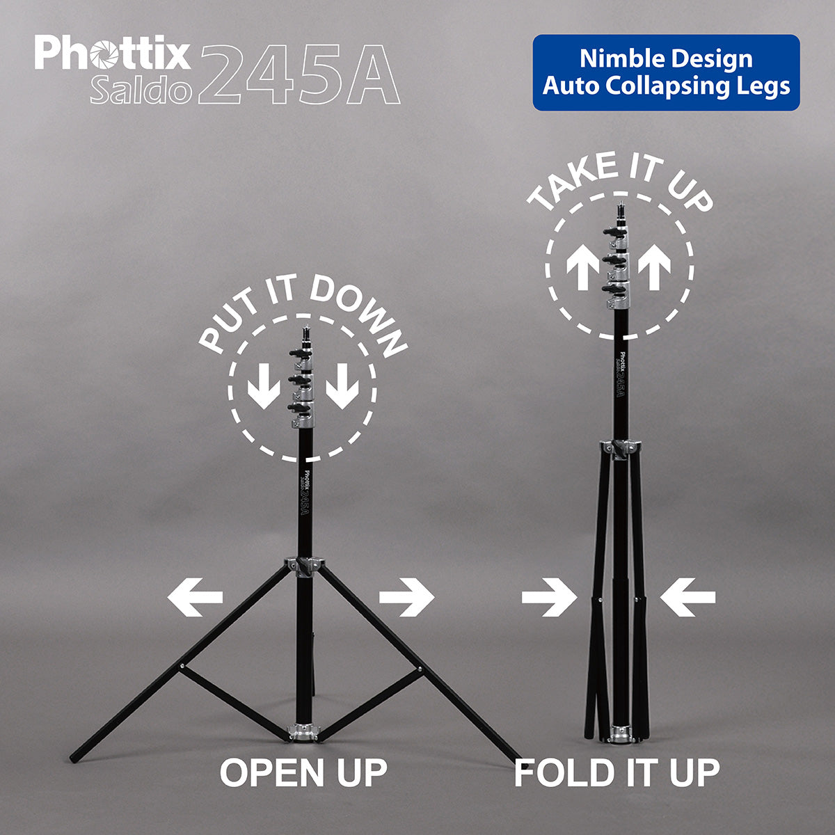 Phottix SALDO 245A AIR CUSHION AUTOMATIC COLLAPSIBLE LIGHT STAND (H245CM/96″)