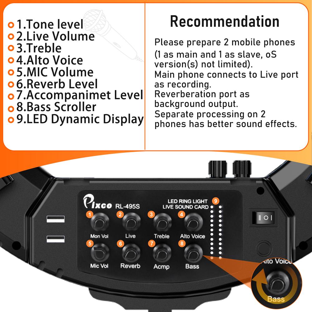 Pixco RL-495S 18'' LED Ring Light Built-in Live Sound Card With Stand Kit