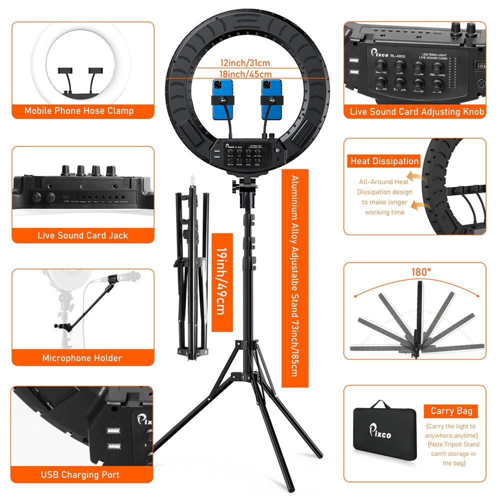 Pixco RL-495S 18'' LED Ring Light Built-in Live Sound Card With Stand Kit