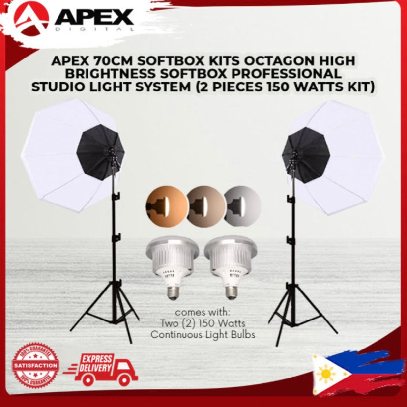 Apex Octagonal Softbox 70CM Photography Studio Lighting Kits Continuous Light System with 2 150 Watts Bulb