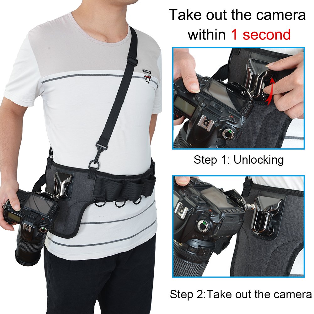 Caden Universal Camera Waist Belt Waistband Strap Holder Holster with 2 Removable Metal Buckle Clip