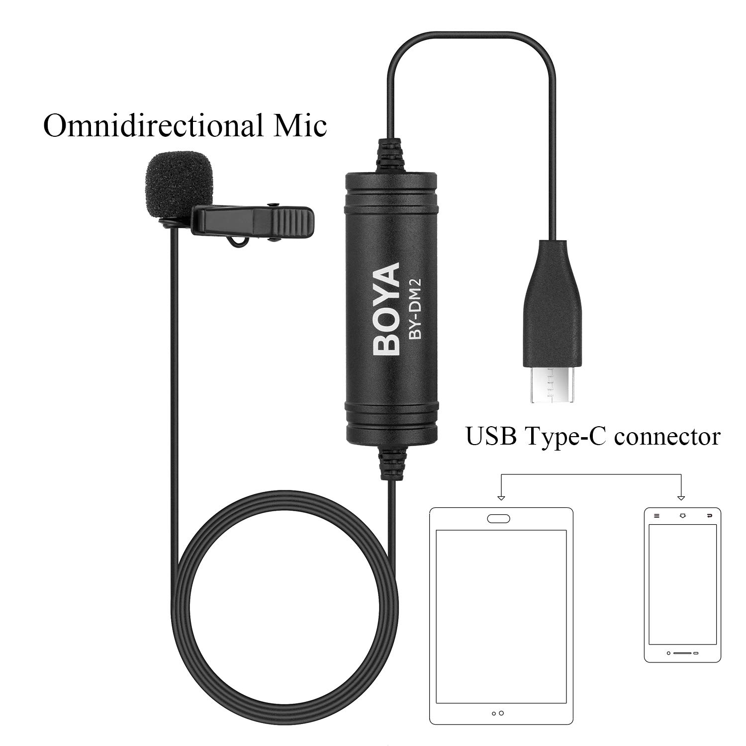 Boya DM2 Broadcast-Quality Omnidirectional Lavalier Microphone Clip-on Lapel Mic Compatible with USB Type-C Devices