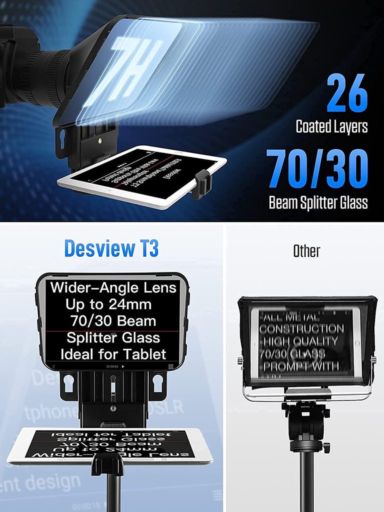 Desview / BESVIEW T3 TELEPROMPTER WITH TWO COLD SHOE MOUNT AND REMOTE CONTROL SUPPORT FOR DSLR, SMARTPHONE AND TABLET