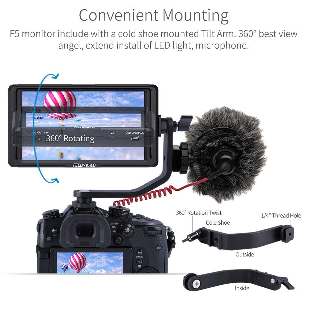 FEELWORLD F5 5 Inch DSLR Camera Field Monitor IPS Full HD 1920x1080 Support 4K HDMI Input Output Tilt Arm