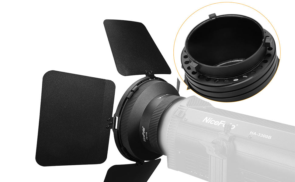 NiceFoto FD-110 Fresnel Mount Light Focusing Adapter with Barn Doors Focus Zoom: 45°~17° for Bowens