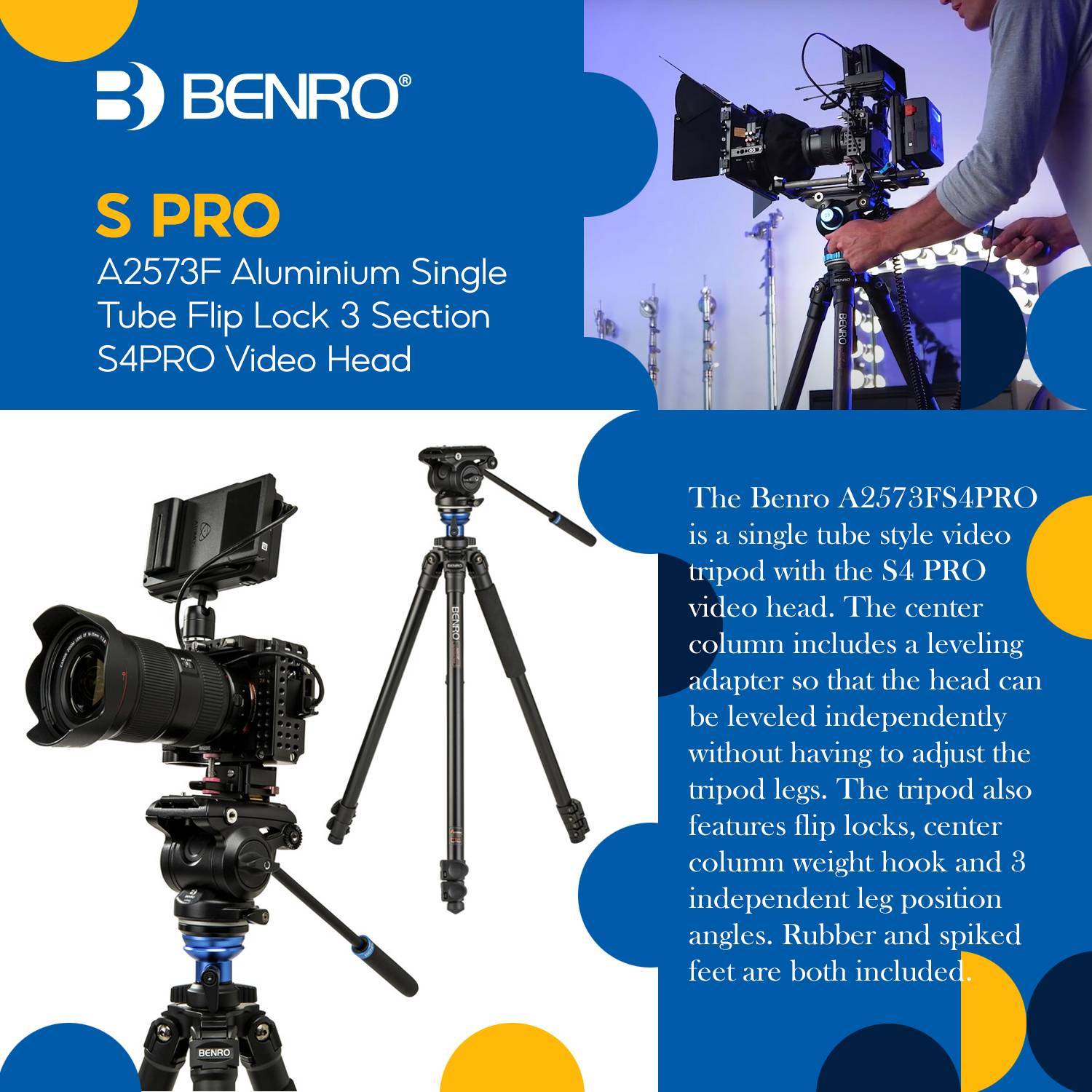 Benro A2573F Aluminum Single Tube Tripod with S4Pro Fluid Video Head