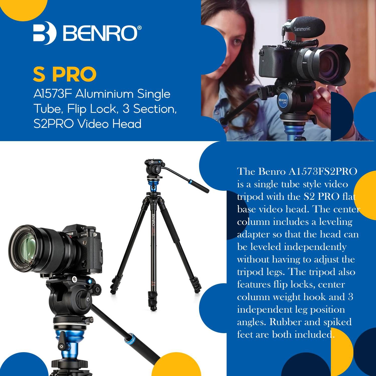 Benro Aluminum Tripod with S2 PRO 60mm Flat Base Video Head