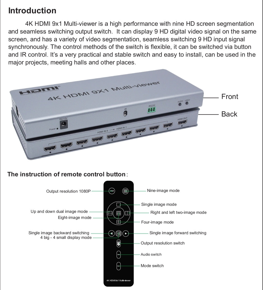 APEX 4K HDMI 9x1 Multi-viewer HDMI Switch 9 in 1 out