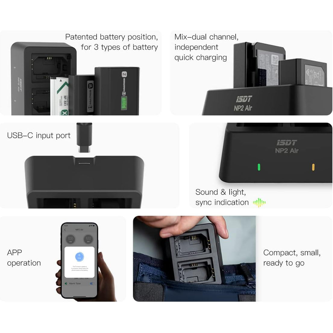 ISDT NP2 AIR NP-FZ100 NP-FW50 NP-BX1 Camera Battery Charger with APP for Sony Batteries Cyber-Shot DSC-RX100, DSC-RX100 II, DSC-RX100M II, DSC-RX100 III, DSC-RX100 V, DSC-RX100 IV, HDR-CX405