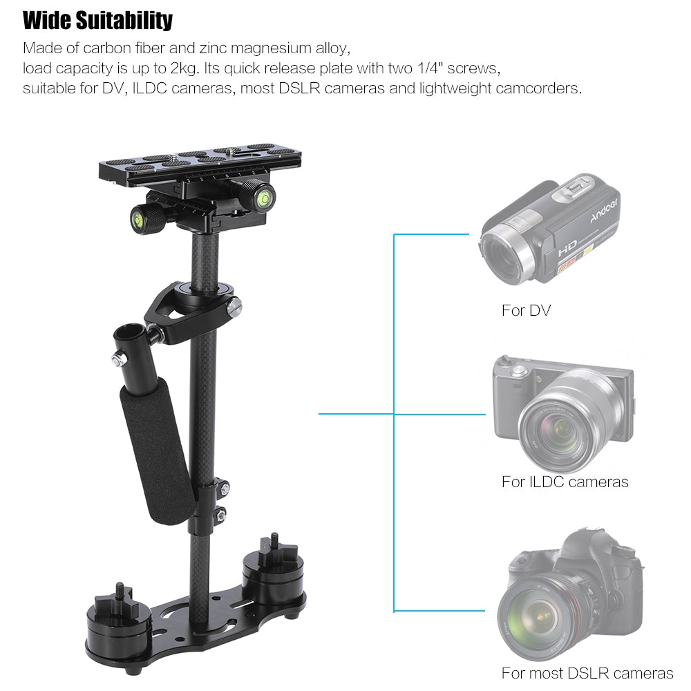 APEX JQ60C Professional 60cm Handheld Carbon Fiber Stabilizer with Quick Release Plate and Clamp Base for DSLR Cameras 3kg Capacity (New Version)