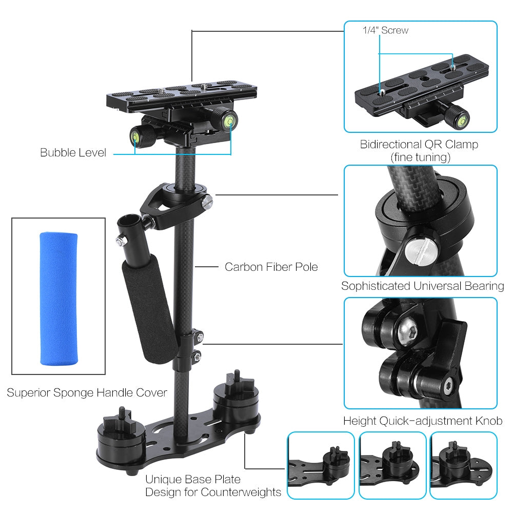 APEX JQ60C Professional 60cm Handheld Carbon Fiber Stabilizer with Quick Release Plate and Clamp Base for DSLR Cameras 3kg Capacity (New Version)