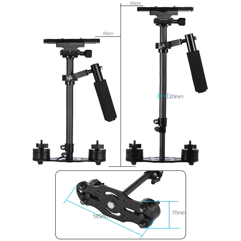 APEX JQ60C Professional 60cm Handheld Carbon Fiber Stabilizer with Quick Release Plate and Clamp Base for DSLR Cameras 3kg Capacity (New Version)