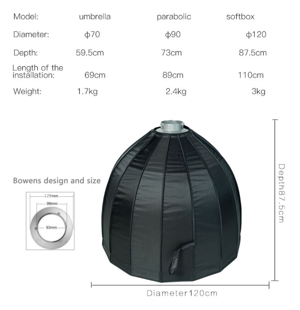 APEX Umbrella Type Deep Softbox Bowen Mount with Grid (D70 D90 D120)