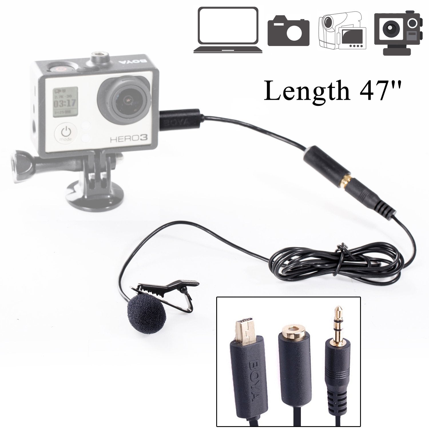 Boya BY-LM20 47'' Lapel Clip-on Omnidirectional Lavalier Microphone for GoPro Hero 3 3+ 4 Black White &amp; Silver Editions