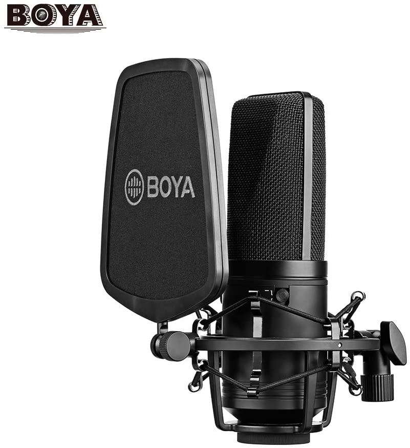 Boya BY-M1000 Condenser Microphone Podcast Mic Kit Support Omnidirectional/Bidirectional with Double-layer Pop Filter Shock Mount XLR Cable