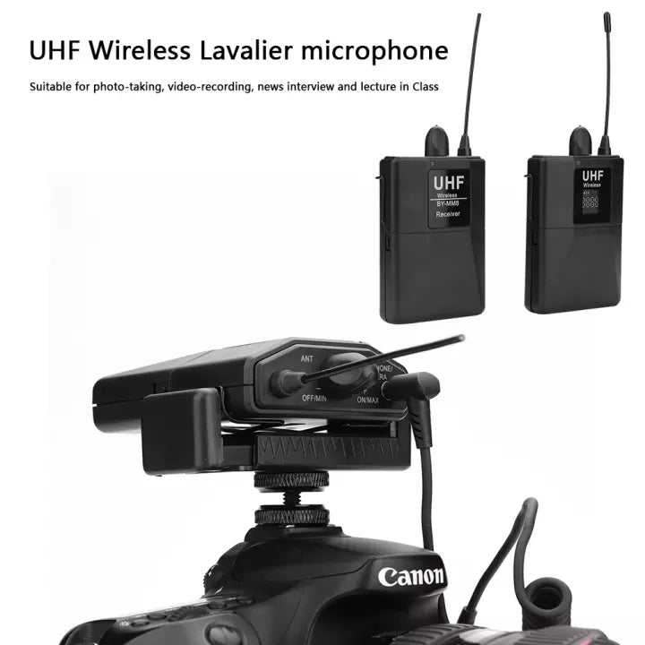 APEX 20-Channel UHF Wireless Lavalier Lapel Microphone System with Mini Lapel Mic Bodypack Transmitter Receiver for Smartphone Camera