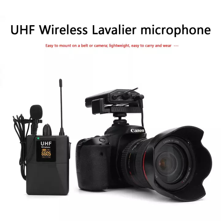 APEX 20-Channel UHF Wireless Lavalier Lapel Microphone System with Mini Lapel Mic Bodypack Transmitter Receiver for Smartphone Camera