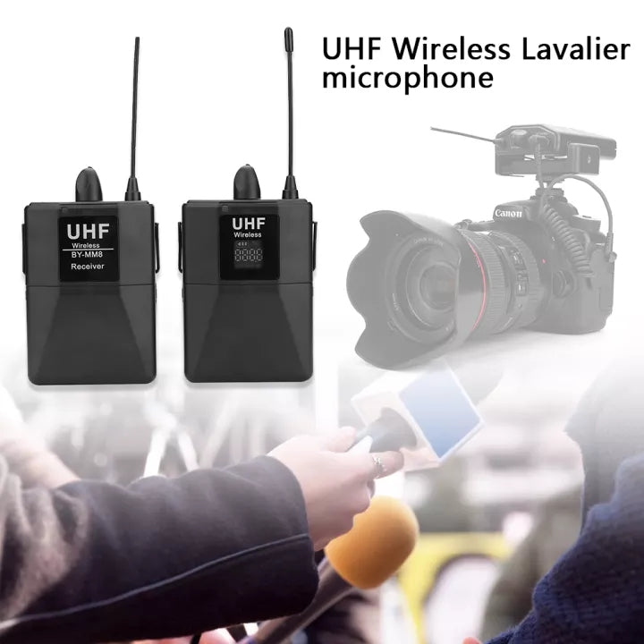 APEX 20-Channel UHF Wireless Lavalier Lapel Microphone System with Mini Lapel Mic Bodypack Transmitter Receiver for Smartphone Camera