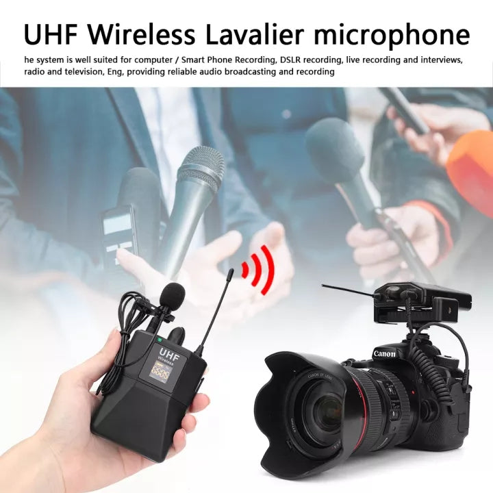 APEX 20-Channel UHF Wireless Lavalier Lapel Microphone System with Mini Lapel Mic Bodypack Transmitter Receiver for Smartphone Camera