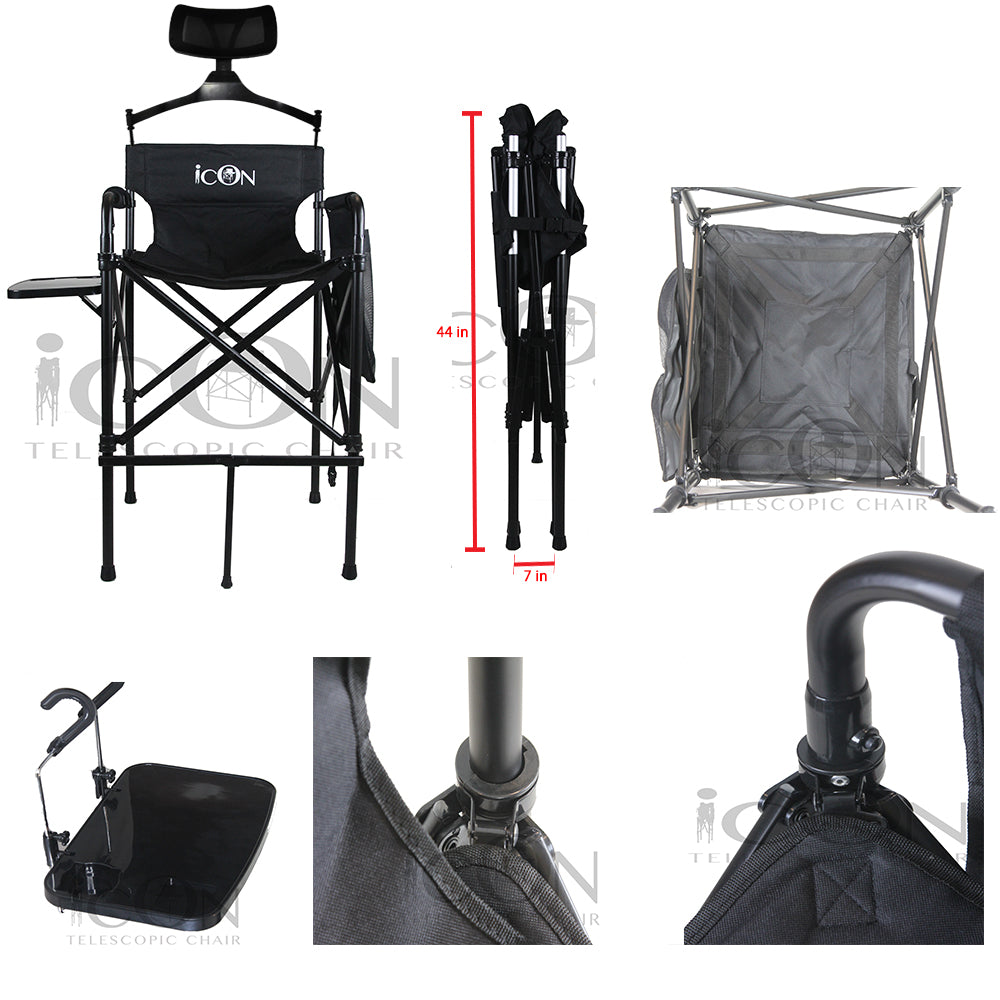 ICON Ultra Portable and Lightweight Telescopic MakeUp Chair with FREE HEADREST and Side Table (4.3kg)