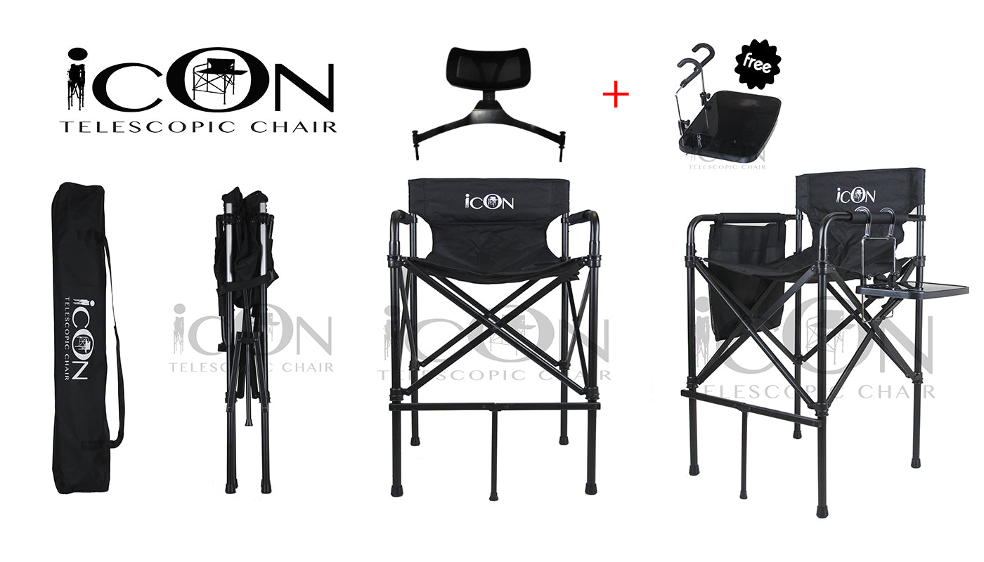 ICON Ultra Portable and Lightweight Telescopic MakeUp Chair with FREE HEADREST and Side Table (4.3kg)