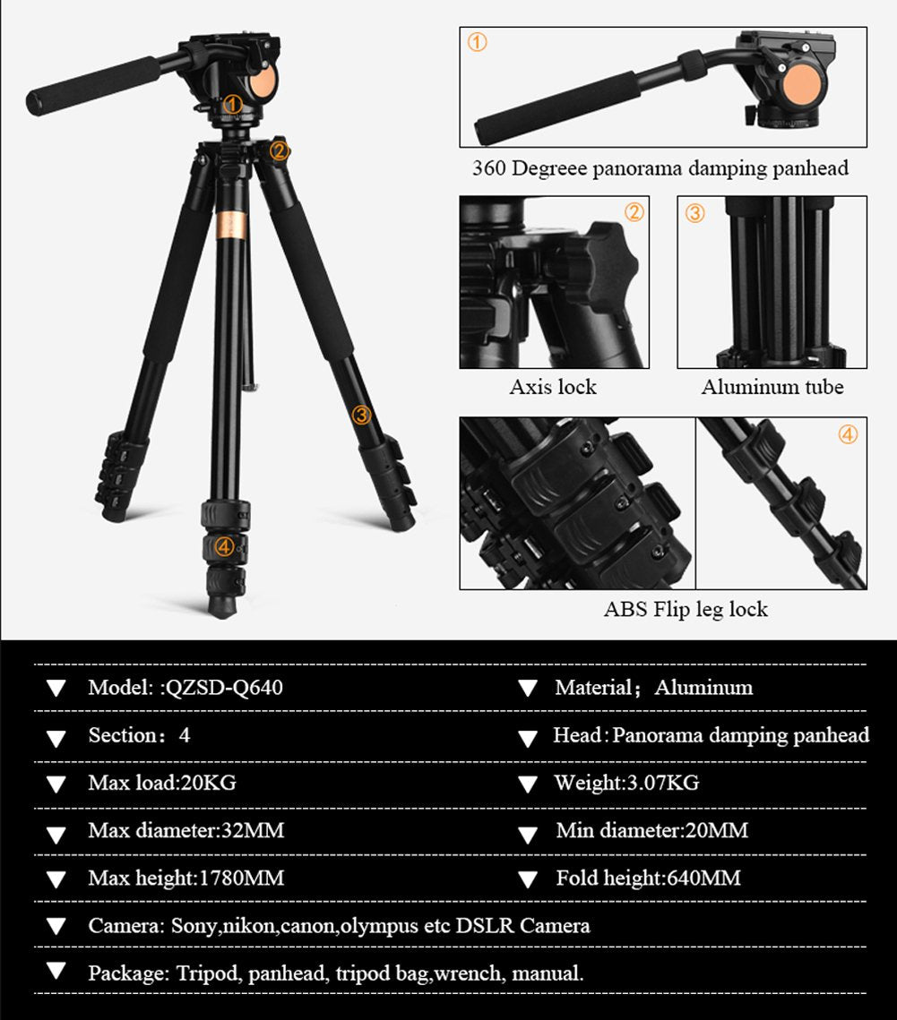 QZSD Q640 Heavy Duty 20kg Capacity Fluid Head Tripod