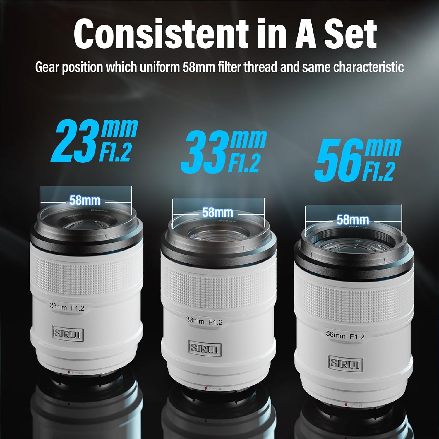 SIRUI Sniper Autofocus Lens Set, 23mm, 33mm, 56mm, F1.2 Wide Angle APS-C Camera Lens for SONY E (WHITE)