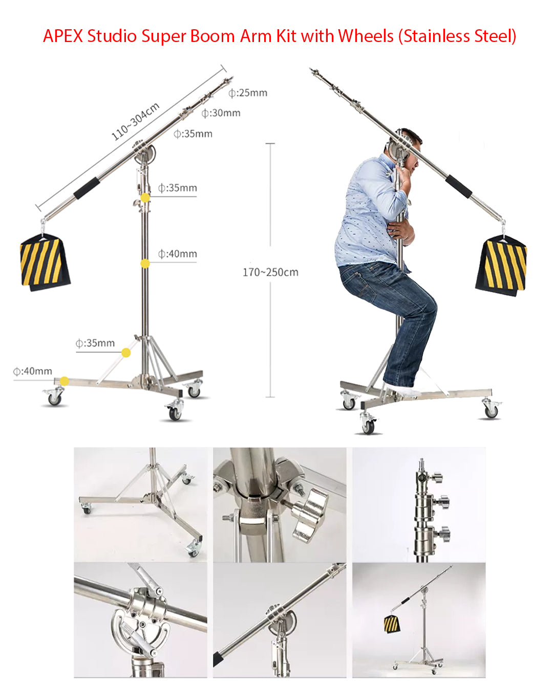 APEX Studio Super Boom Arm Kit with Wheels (Stainless Steel)