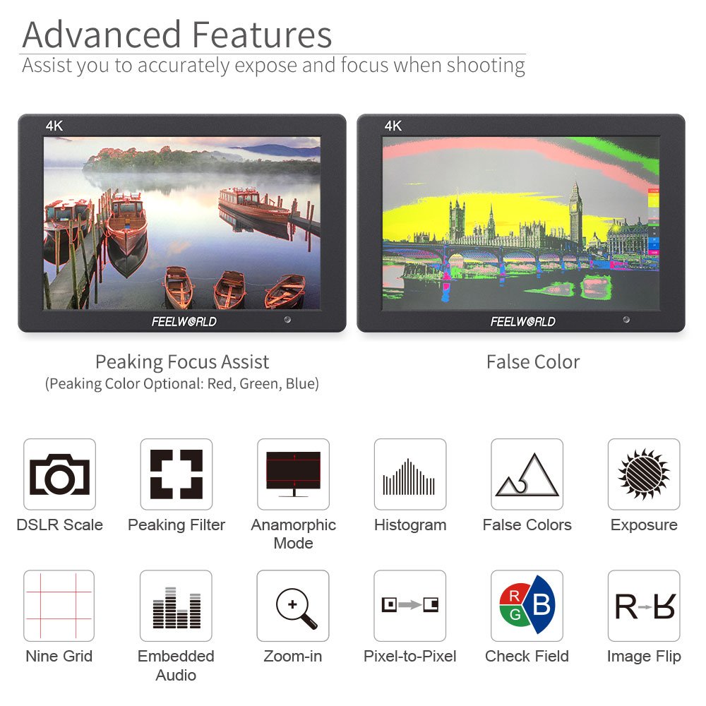 Feelworld T7 7 Inch Camcorder Field Monitor Camera DSLR Small HD Focus Video Assist T7（7" 1920x1200 Aluminum Case IPS with 4K HDMI Input Output Aluminum Housing