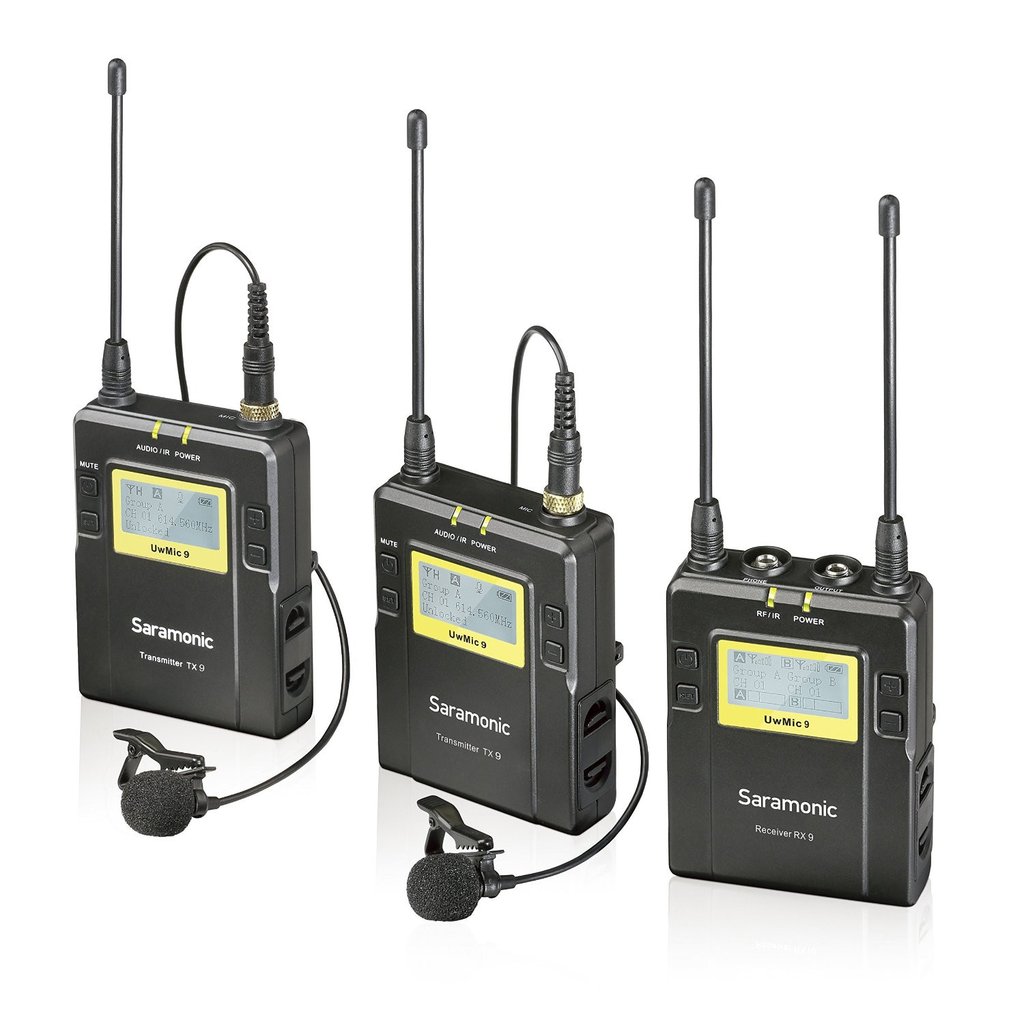 Saramonic UWMIC9 (RX9+TX9+TX9) 96-Channel Digital UHF Wireless Lavalier Microphone System with 2 Bodypack Transmitters, Portable Receiver, 2 Lav Mics, Shoe Mount, XLR/3.5mm Outputs (RX9+TX9+TX9) (Double Transmitter)