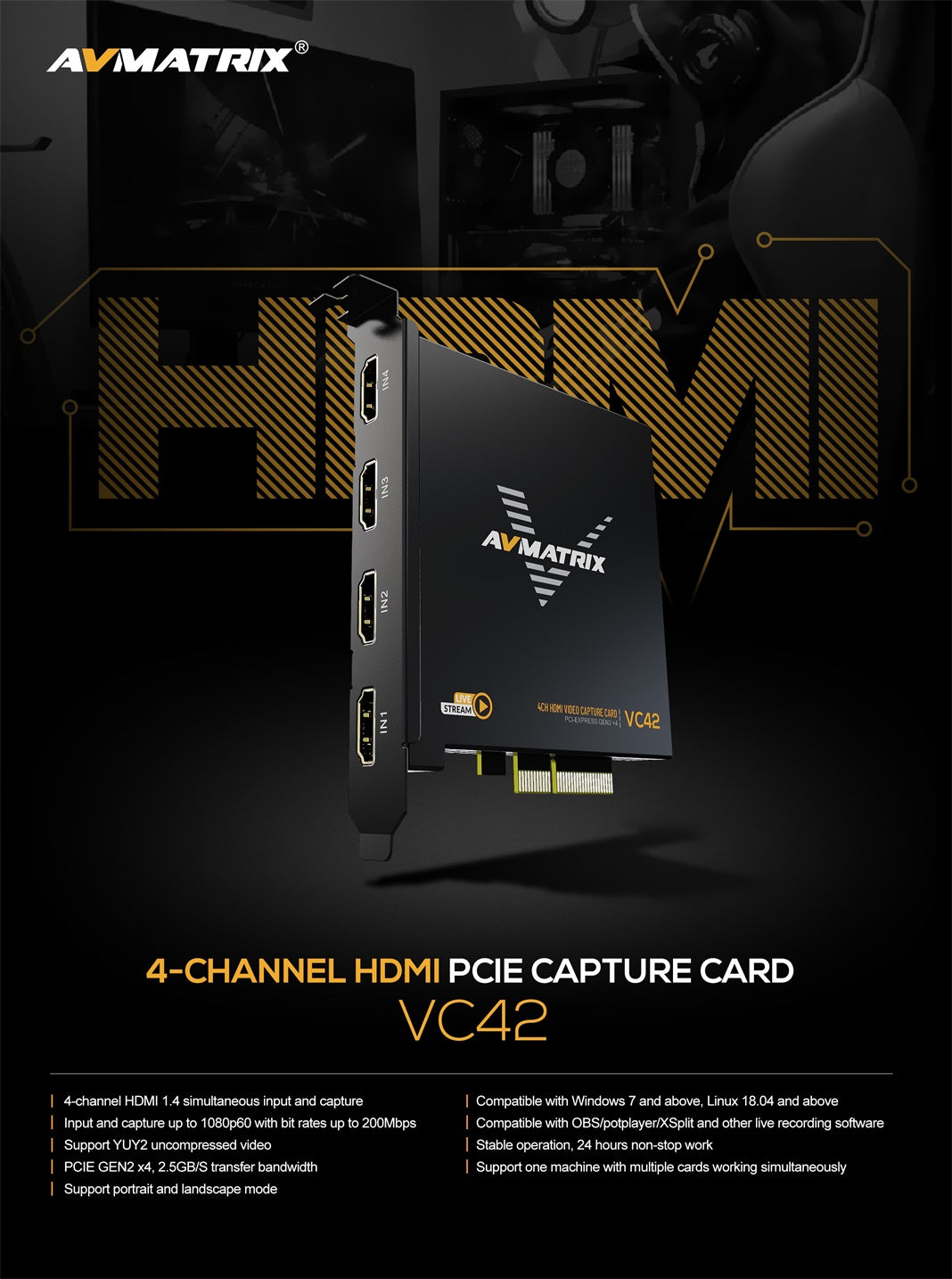 Avmatrix VC42 4-CH HDMI PCIE Capture Card