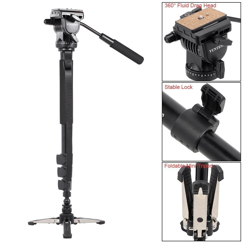 YUNTENG VCT-588 Aluminium Alloy Monopod with Detachable Tripod Stand Base PLUS Fluid Drag Head for DSLR Camera