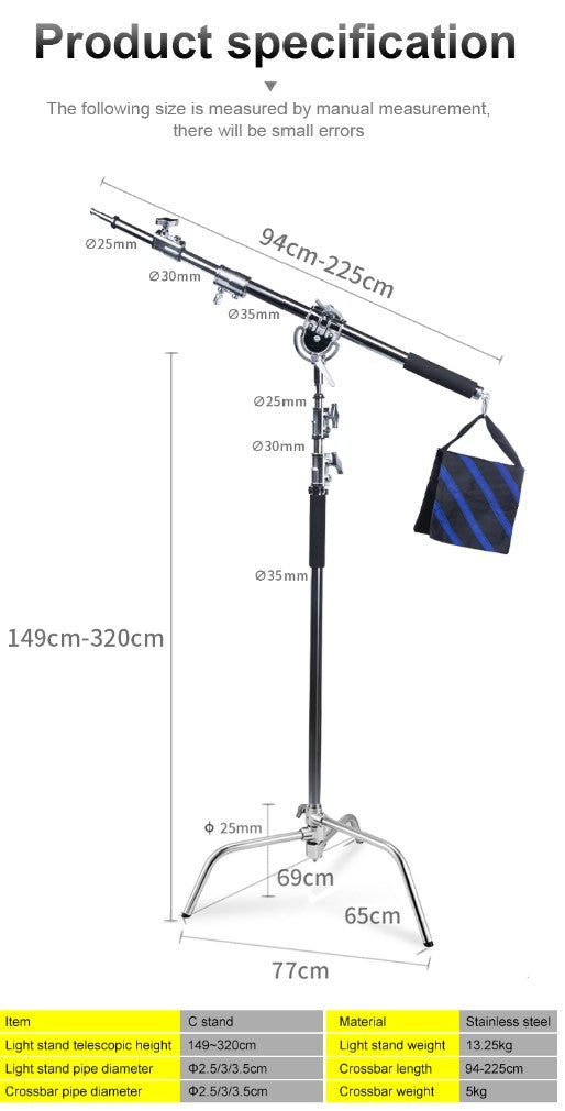 Nicefoto Y660III Professional Heavy Duty C-Stand Stand with Turtle Base CSTAND and ARM 225cm