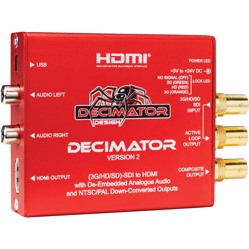 Decimator Design DECIMATOR 2 Miniature (3G/HD/SD)-SDI to both HDMI and NTSC/PAL with simultaneous scaling on both outputs and De-embedded Analogue Audio