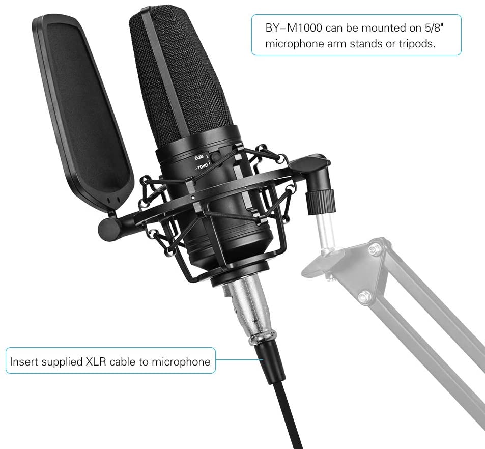 Boya BY-M1000 Condenser Microphone Podcast Mic Kit Support Omnidirectional/Bidirectional with Double-layer Pop Filter Shock Mount XLR Cable