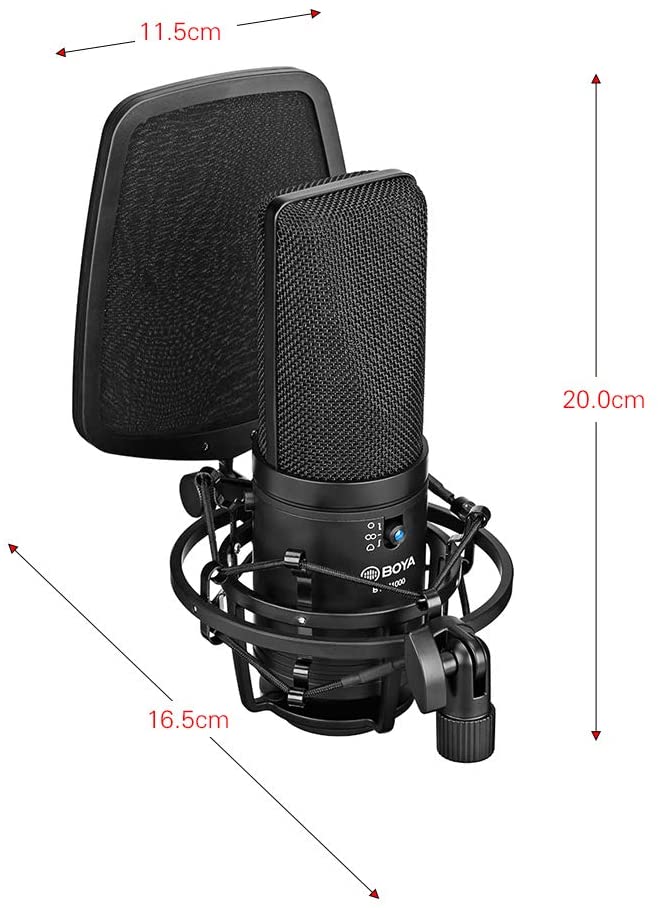 Boya BY-M1000 Condenser Microphone Podcast Mic Kit Support Omnidirectional/Bidirectional with Double-layer Pop Filter Shock Mount XLR Cable