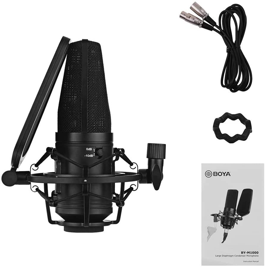 Boya BY-M1000 Condenser Microphone Podcast Mic Kit Support Omnidirectional/Bidirectional with Double-layer Pop Filter Shock Mount XLR Cable