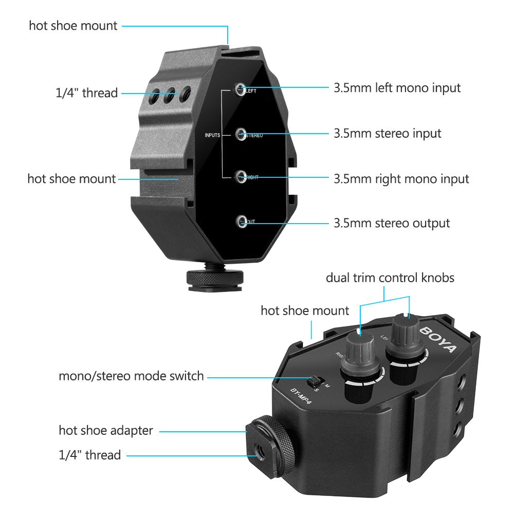 Boya BY-MP4 2-channel Audio Adapter with Mono Stereo Switch Mixer