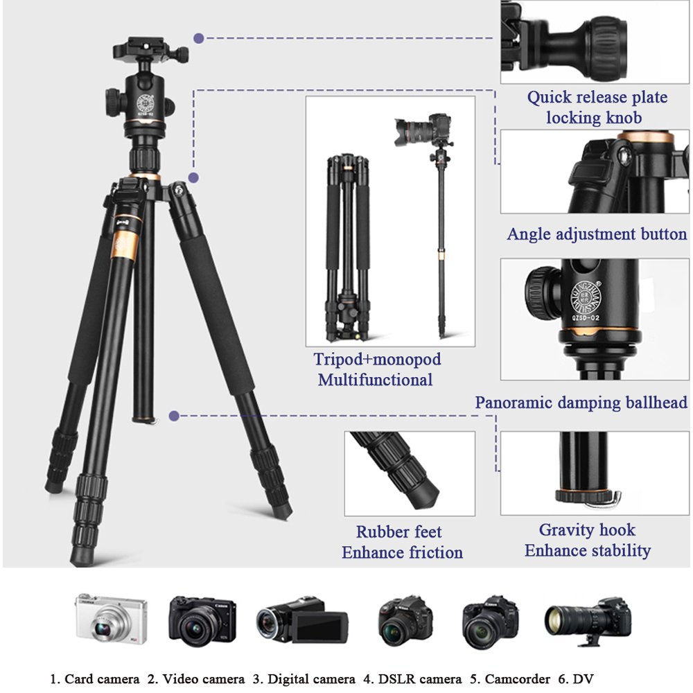 QZSD Q222 Camera Tripod Portable Aluminium Monopod Professional Tripod with Quick Release Ball Head